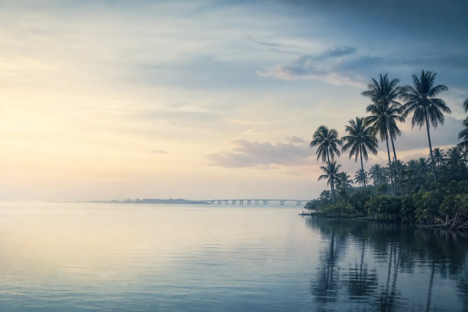Palms along a calm river estuary on the Gulf coast at Fort Myers, Florida
